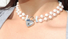 Genuine White Pearls AB & Pink Swarovski Crystals Double Row & Sterling Silver Ends Day Collar   g5