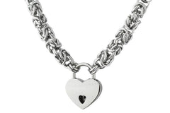 BDMS Day Collar Necklace Chainmail with Heart Shaped Lock made of 316L Surgical stainless steel .  Beautiful Piece shown on a white back ground.