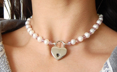 Genuine White  Pearls & Pink AB Swarovski Crystals Single Row & Sterling Silver Ends Day Collar   g5