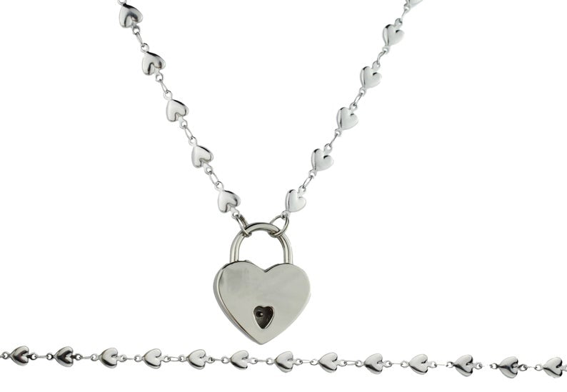 BDSM Hearts Locking Day Collar Jewelry Necklace of Lock and O ring with large sterling bell available in solid 316L Stainless Steel or 925 sterling silver shown on a white background