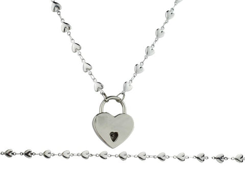 BDSM Hearts Locking Day Collar Jewelry Necklace of Lock and O ring with large sterling bell available in solid 316L Stainless Steel or 925 sterling silver shown on a white background