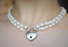 Genuine White Pearls & Clear AB Swarovski Crystals Double Row & Sterling Silver Ends Day Collar   g5