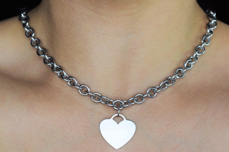 BDSM Locking Day Collar 316L Surgical Stainless Steel Heavy Heart Tag  s2