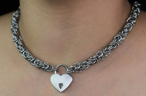 BDMS Day Collar Necklace Chainmail with Heart Shaped Lock made of 316L Surgical stainless steel .  Beautiful Piece shown on a model's neck