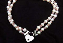 Genuine White Pearls AB & Pink Swarovski Crystals Double Row & Sterling Silver Ends Day Collar   g5