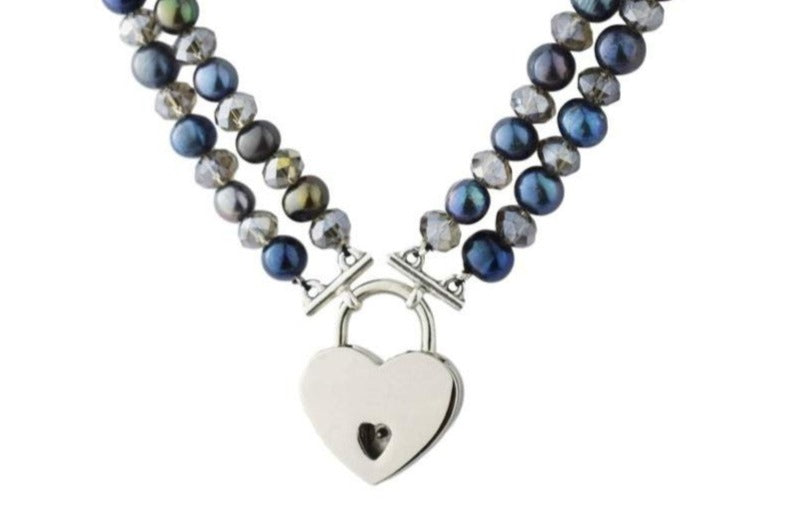 Genuine Peacock Pearls & Grey Swarovski Crystals Double Row & Sterling Silver Ends Day Collar   g5