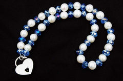 Genuine White Pearls & Lt. Blue AB Swarovski Crystal Single Row & Sterling Silver Ends Day Collar   g5