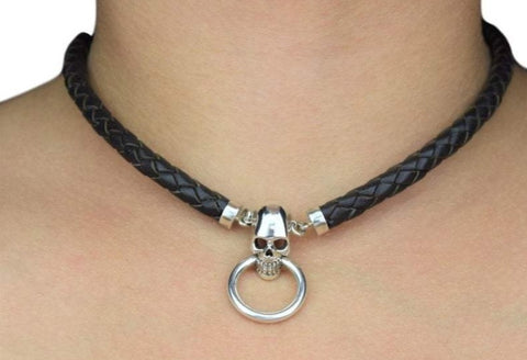 High Grade Leather and Solid 925 Sterling Silver Skull O Ring BDSM Day Collar  g1