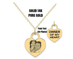 BDSM Dominant Gift:  Custom Engraved Solid 14K Gold Large Heart Tag Necklace (Yellow, Pink, White)