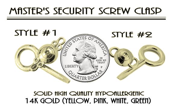 BDSM Screw Clasp Lock for  BDSM Locking Day collars as well as for Lovers or couple who want to bond their love.  Made in two beautiful styles, in 3 Precious and semi precious metals  in Sterling Silver, 14K gold and 316L Surgical Stainless Steel