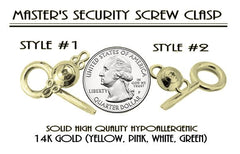 BDSM Locking Lock Screw Clasp for Day Collar O ring Jewelry shown with the New 316L Stainless Steel Screw Lock available in Gold and Silver as well
