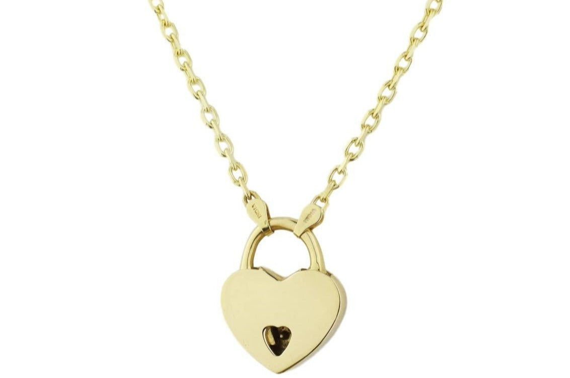BDSM Submissive Day Collar  made of sculpted Oval links in Solid 14K Gold shown with one of our world Famous Mini Heart Padlock locks that are functional and made of the finest precious metals on a white Background. 
