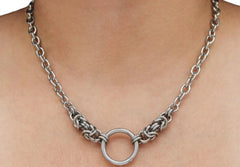 BDSM Locking Day Collar Jewelry Necklace of Lock and O ring in solid 316L Stainless Steel on a model's neck
