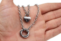 BDSM Locking Day Collar Celtic Trinity Chainmaille  Jewelry Necklace of Lock and O ring available in solid 316L Stainless Steel  or 925 sterling silver  shown on a model's hand