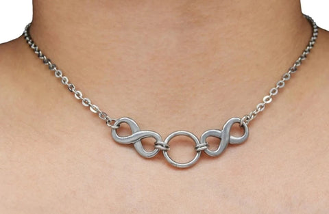 BDSM Locking Day Collar with O ring and Double Infinity on a model's neck