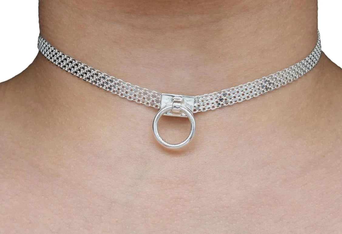 BDSM Locking Day Collar Jewelry Necklace of Lock and O ring available in solid 316L Stainless Steel  or 925 sterling silver  shown on a model's neck