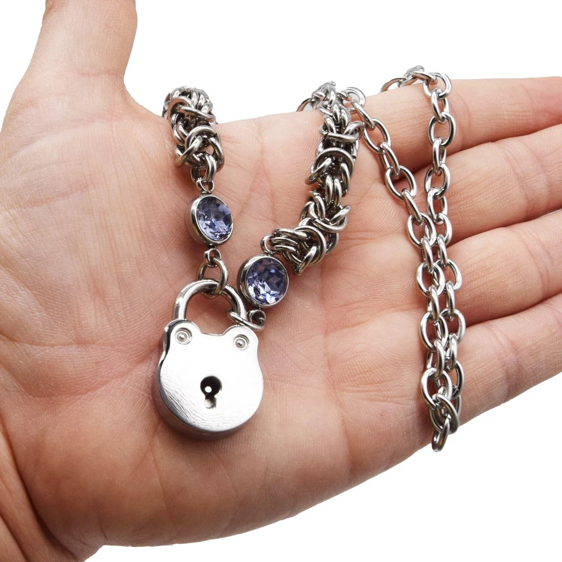 BDSM Locking Day Collar Jewelry Necklace of Lock and O ring available in solid 316L Stainless Steel or 925 sterling silver with chainmaille chain mail and light purple blue crystal cz  shown on a model's hand