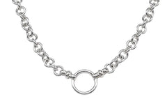 BDSM Locking Ankle Day Collar Jewelry Necklace of Lock and O ring with large sterling bell available in solid 316L Stainless Steel or 925 sterling silver shown on a white background
