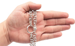 BDSM Locking Ankle Day Collar Jewelry Necklace of Lock and O ring with large sterling bell available in solid 316L Stainless Steel or 925 sterling silver shown on a model's hand for display