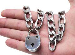 Men's Masculine Heavy BDSM Locking Day Collar Jewelry Necklace of Lock and O ring available in solid 316L Stainless Steel or 925 sterling silver shown on a male model's Hand