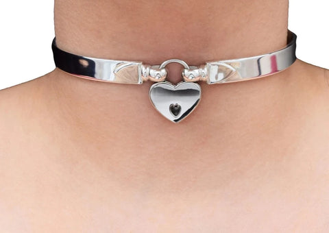 BDSM Locking Day Collar Jewelry Necklace of Lock and O ring available in solid 316L Stainless Steel or 925 sterling silver shown on a models neck