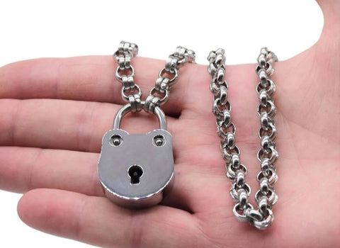Men's Masculine Xtra Heavy BDSM Locking Day Collar Jewelry Necklace of Lock and O ring available in solid 316L Stainless Steel or 925 sterling silver shown on a male model's Hand