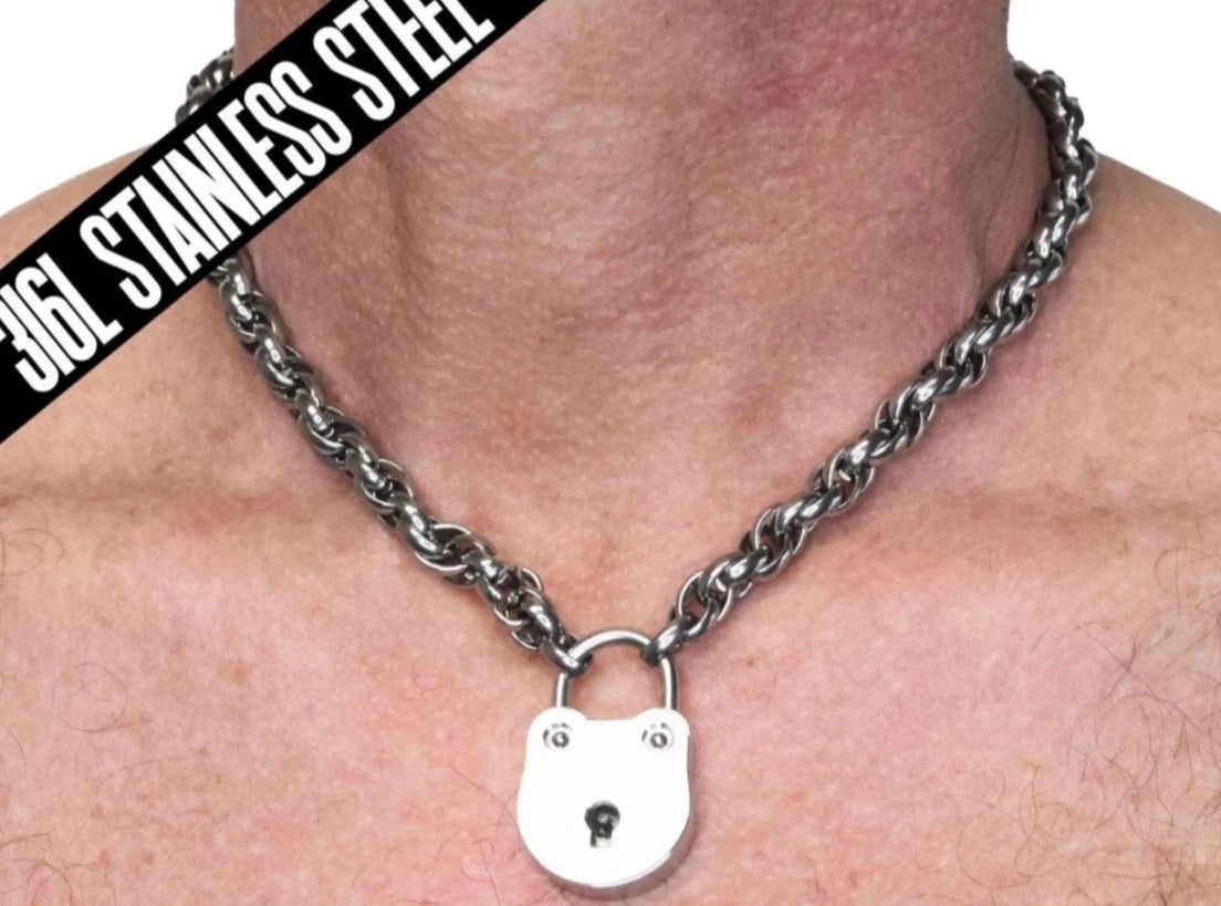 Men's Masculine Heavy BDSM Locking Day Collar Jewelry Necklace of Lock and O ring available in solid 316L Stainless Steel or 925 sterling silver shown on a male model's neck