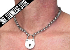 Men's Masculine Xtra Heavy BDSM Locking Day Collar Jewelry Necklace of Lock and O ring available in solid 316L Stainless Steel or 925 sterling silver shown on a male model's neck