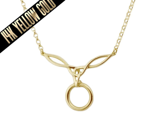 BDSM Locking Day Collar 14K Gold Jewelry Necklace  Double Celtic Knot  with locking options and O ring with large sterling bell available in solid 316L Stainless Steel or 925 sterling silver as well shown on white background