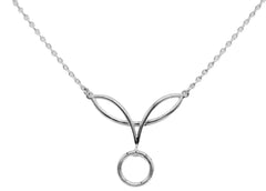 BDSM Locking Day Collar Jewelry Necklace of Lock and Celtic Knot w/ O ring with large sterling bell available in solid 316L Stainless Steel or 925 sterling silver shown on a white background