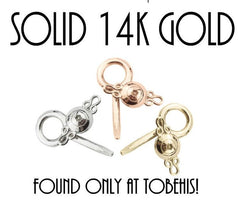 BDSM Solid 14K Gold Screw clasp lock shown in 3 gold colors yellow, pink, white on a white background