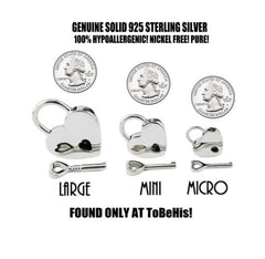 925 Solid Sterling Silver Hypoallergenic Functional Working Heart Padlock Lock 925 Key BDSM Slave Sub Pet Submissive Bondage Collar (No Bad Rhodium Plating)