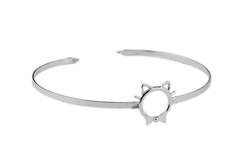 BDSM Locking Submissive Day Collar Solid 925 Sterling Silver O Ring Kitty Ears, Whiskers & Bow Cuff Collar   g1